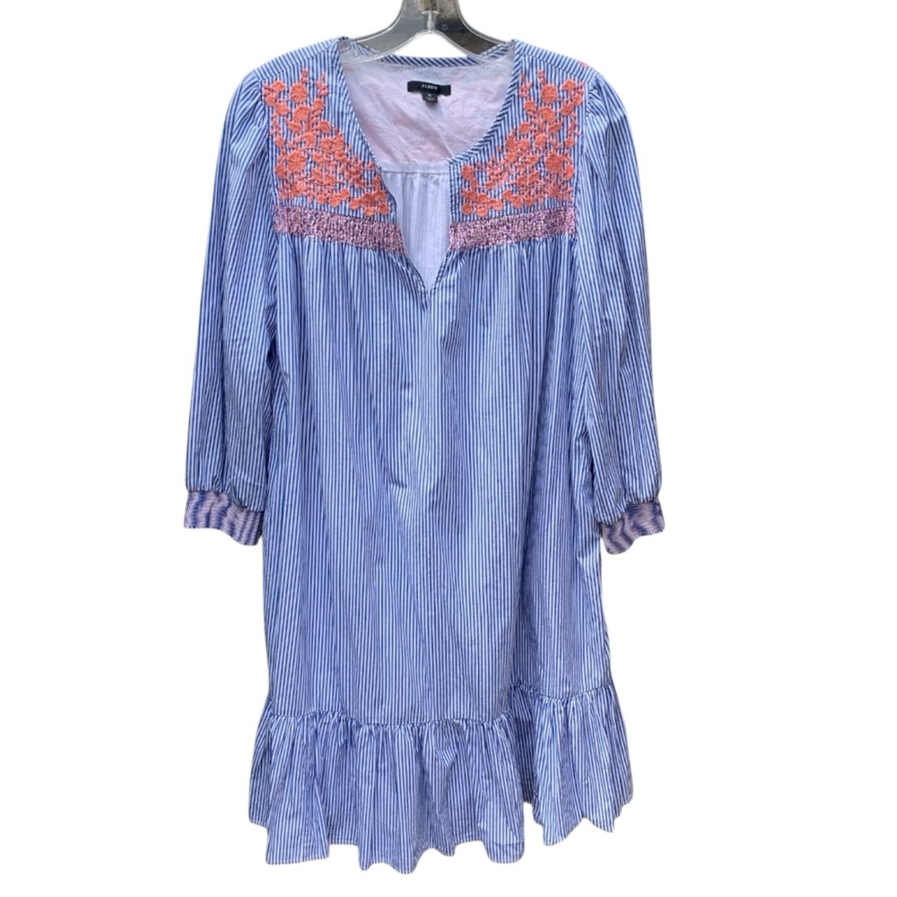 J. Crew Blue and Coral Long Sleeve Striped Cotton Dress
